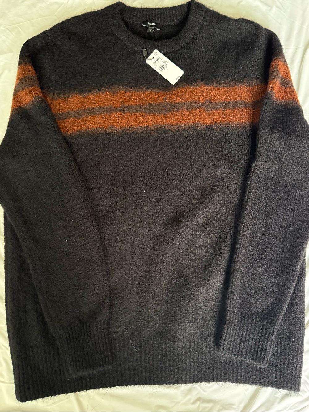 Express Men's Black Crewneck Sweater with Rust Stripes